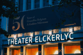 Gevel van Theater Elckerlyc met campagne voor 50 jaar Grundfos Belgium.