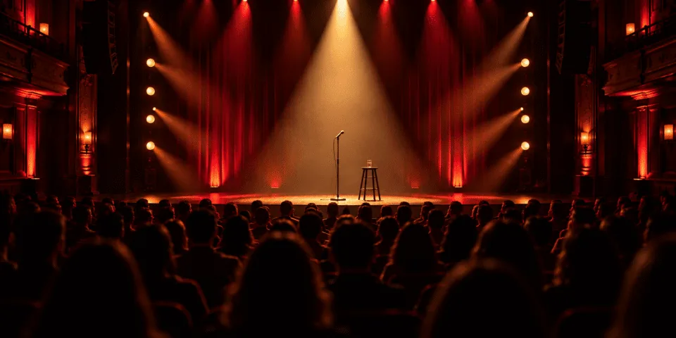 Sfeerbeeld van een comedyzaal met podium en publiek